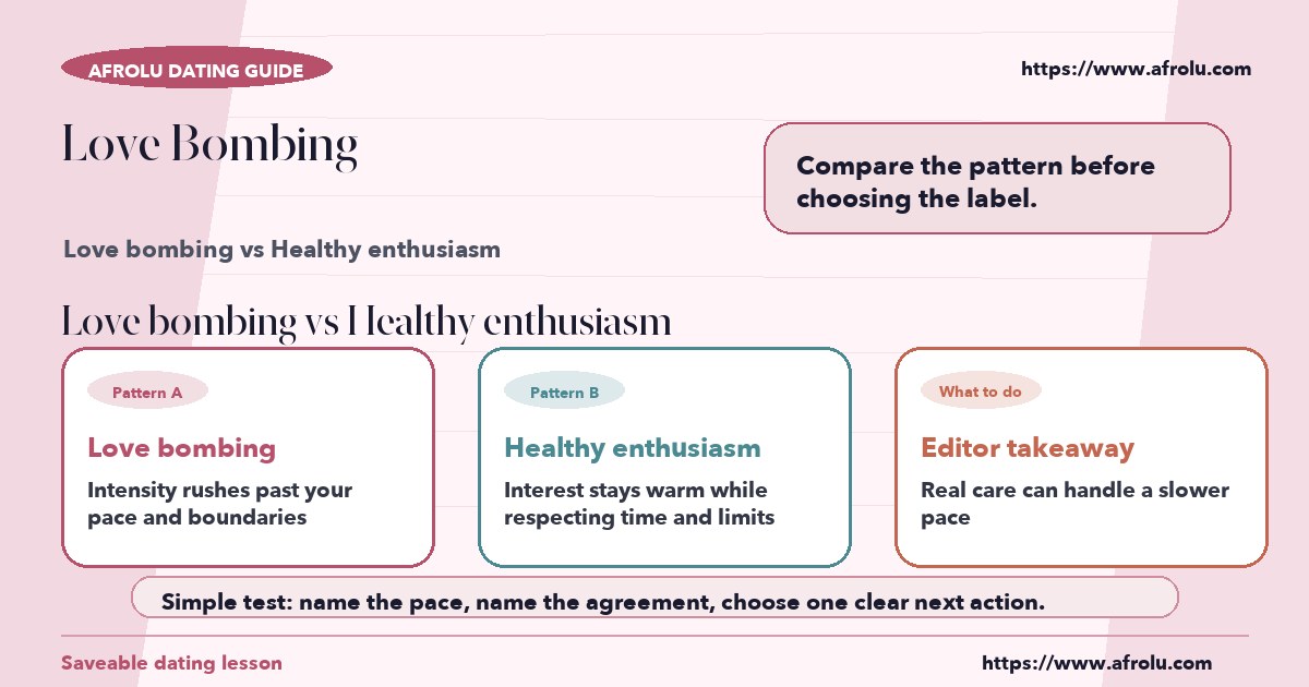 Visual compare of love bombing vs healthy enthusiasm