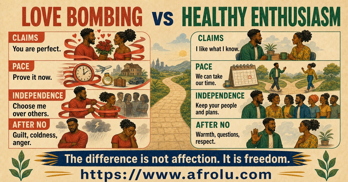 Love bombing versus healthy enthusiasm comparison across claims, pace, independence, and response to no