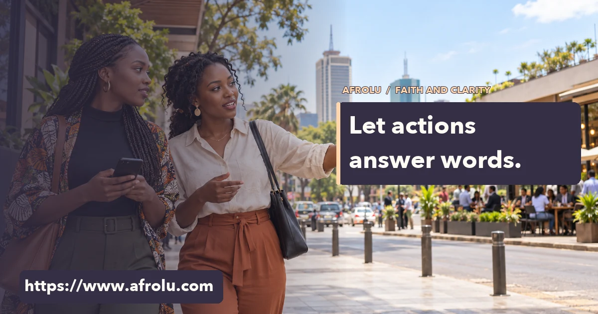 Two adult Kenyan women talk on a Nairobi sidewalk; one points toward a busy public cafe.