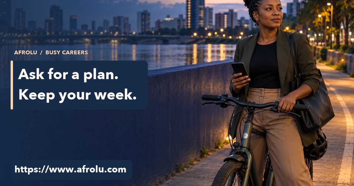 An adult professional pauses with her commuter bicycle and a blank-screen phone on a riverside path after work.