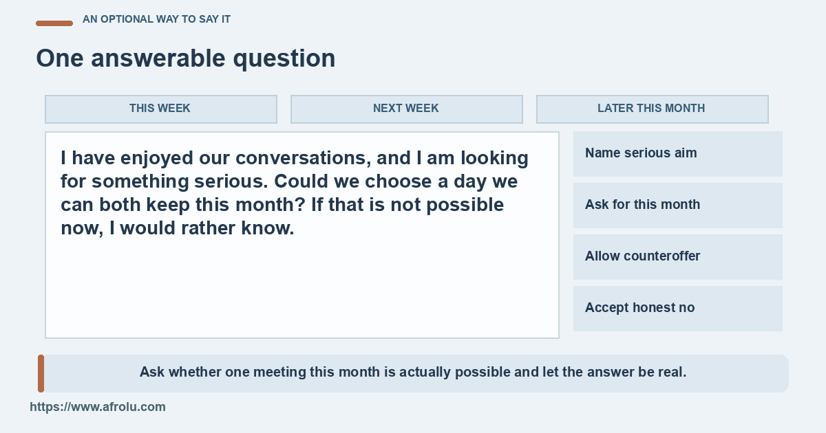 A serious-minded adult asks for one available meeting this month.