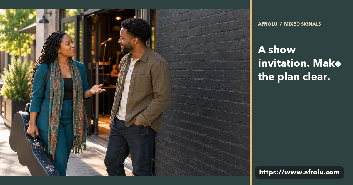 A musician with a guitar case talks with another adult outside a public music venue.