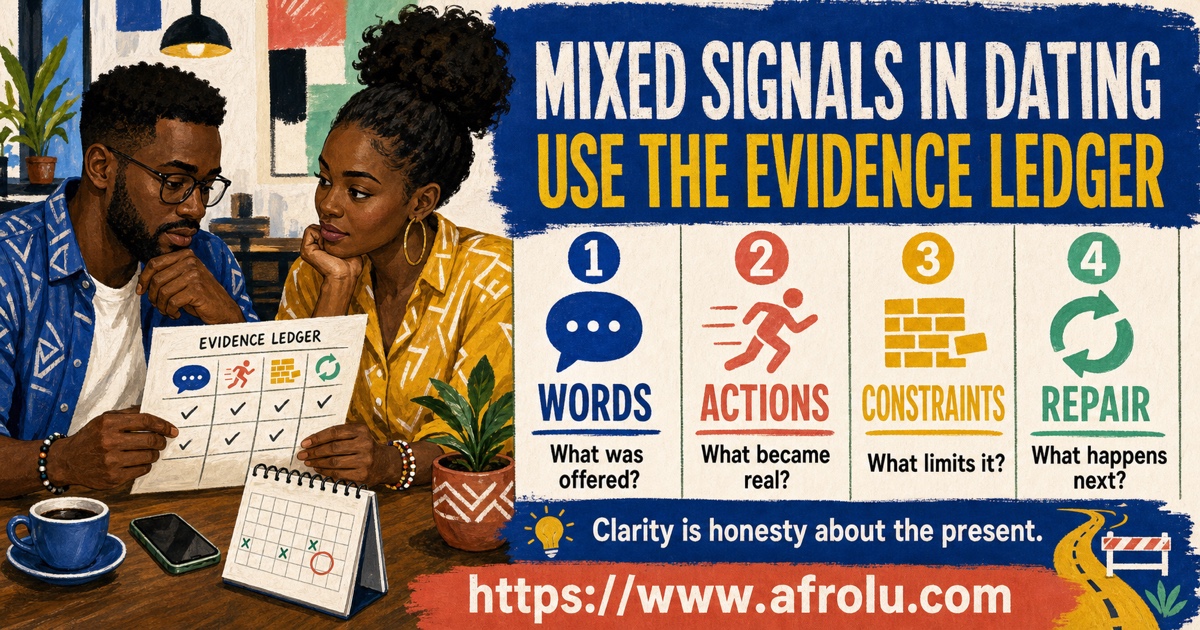 Illustrated mixed signals in dating evidence ledger comparing words, actions, constraints, and repair
