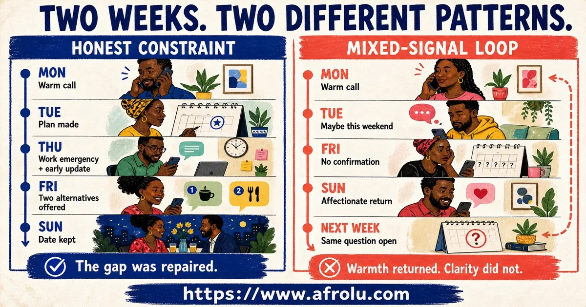 Two seven-day dating timelines comparing an honest constraint with a repeating mixed-signal loop