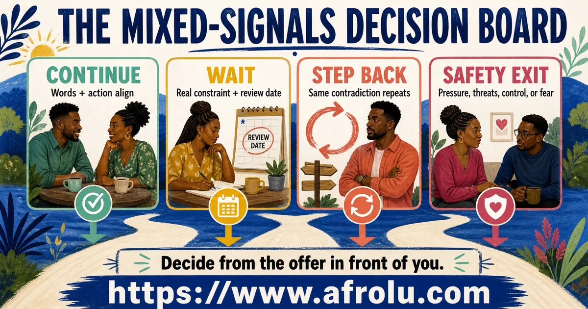 Mixed signals decision board with continue, wait with review date, step back, and safety exit paths