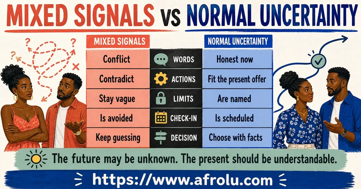 Mixed signals versus normal early uncertainty comparison across words, actions, constraints, check-ins, and decisions