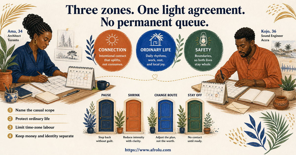 Ama and Kojo separating casual dating contact diaspora life and safety on a three-zone map