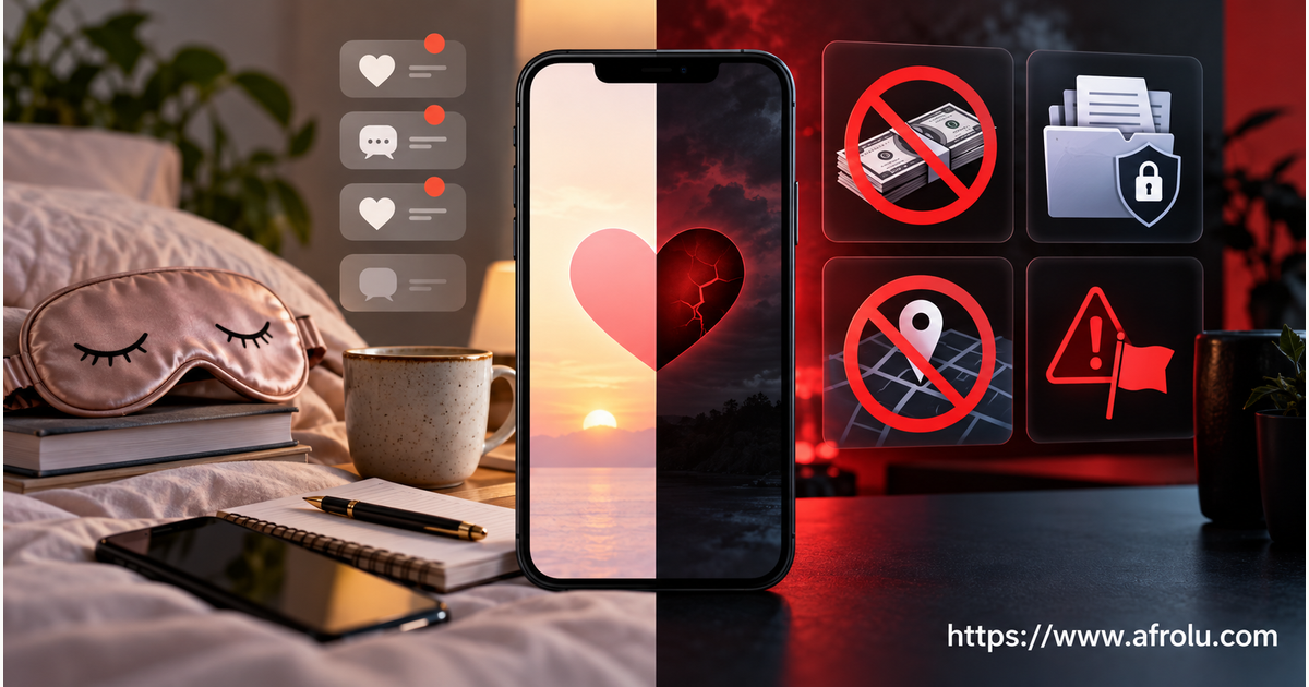 Editorial signal board separating normal dating fatigue from money pressure, document requests, location demands and repeated boundary breaches