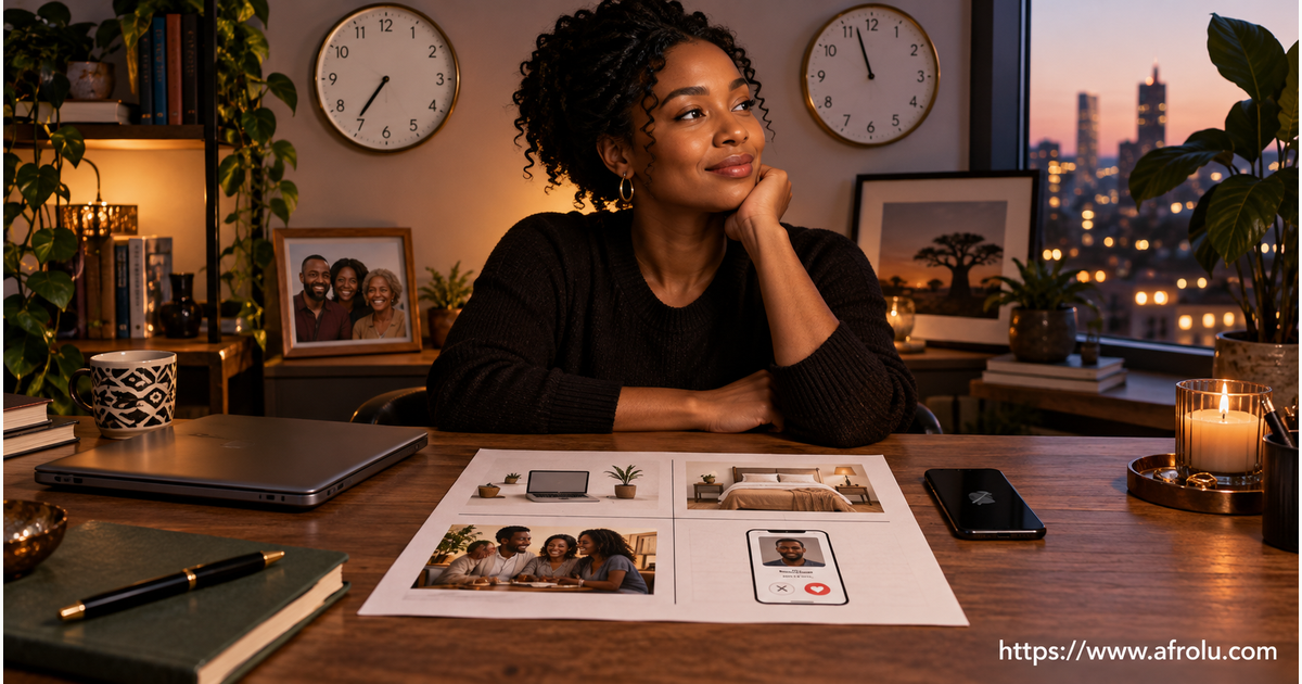 Diaspora professional at a calm desk choosing a small dating-app window between work, rest, family and independent safety choices