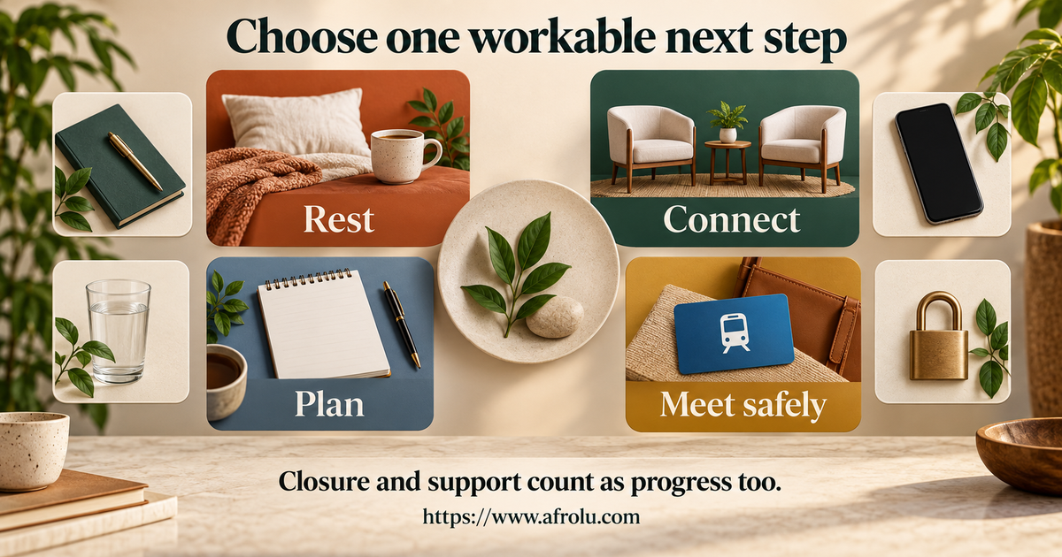 Eight equal-choice board for resting, seeing friends, pausing apps, planning a public coffee, naming intention, reporting pressure, seeking support or closing a chat