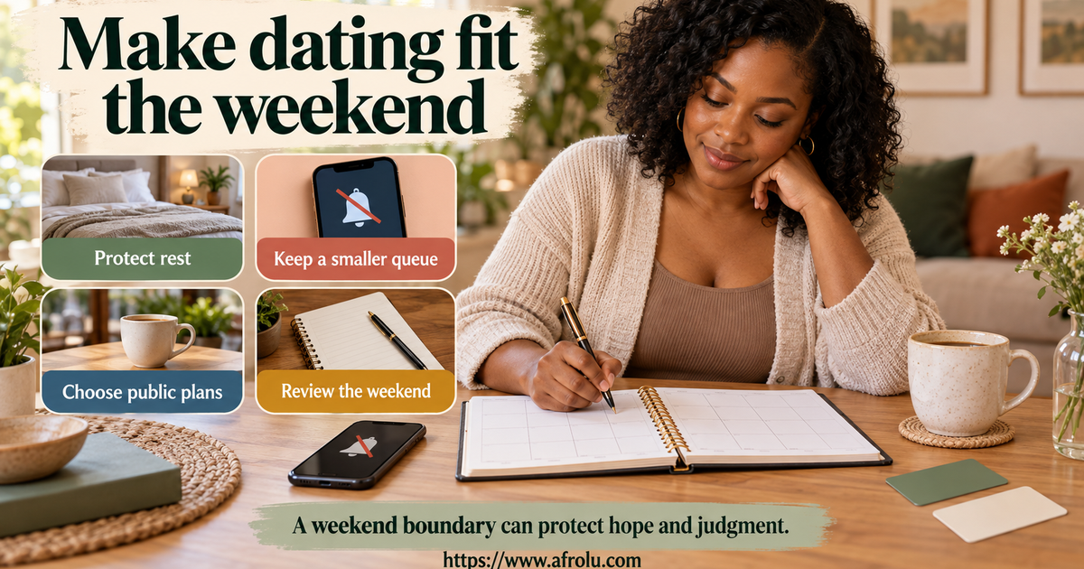Adult faith-led dater planning rest, community time, a small dating-app window and a public coffee around a calm weekend schedule