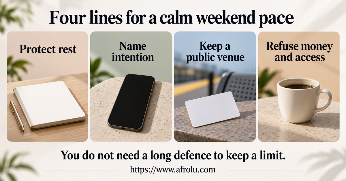 Four large plain-language scripts for a weekend rest limit, gradual faith-led intention, a public meeting boundary and refusing money or document requests