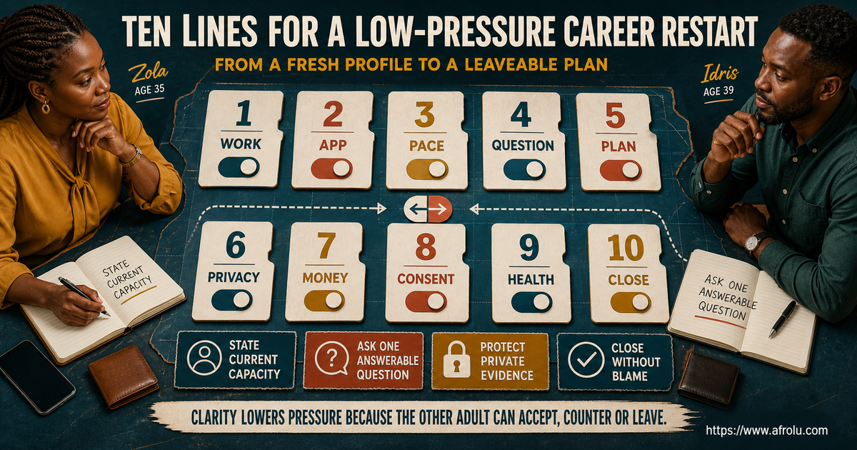 Ten low-pressure dating lines for a career restart covering work app pace plans privacy money consent health and closure
