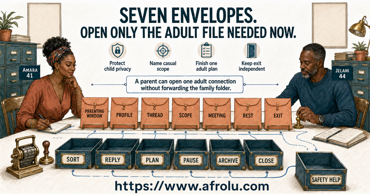 Amara and Jelani sorting seven sealed envelopes for parenting time profile threads casual scope meeting rest and exit