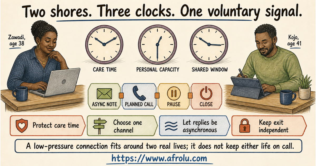 Zawadi and Kojo at separate desks using three clocks for care time personal time and shared distance contact