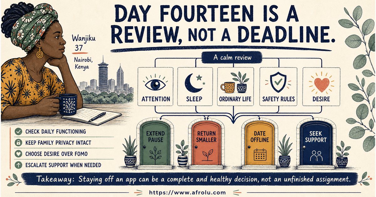 Fourteen-day parent dating-app reset review with pause extend return and seek-support choices