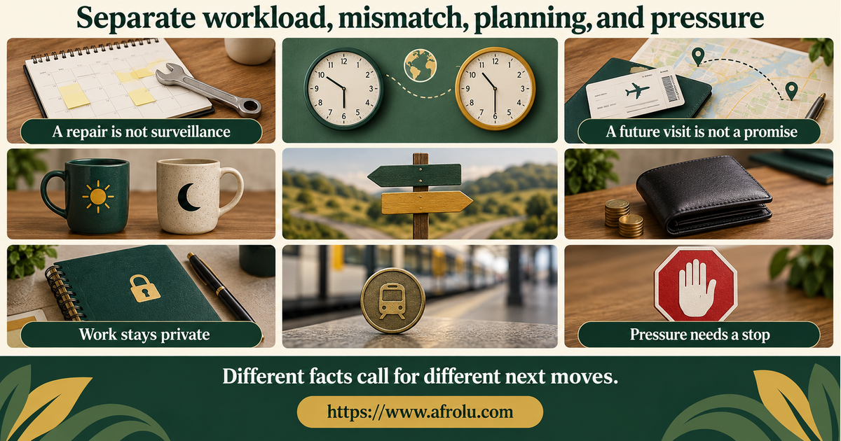 Nine-panel comparison of a busy week, repaired missed call, different time-zone rhythm, future visit, public plan, work privacy, money request, private venue change and clear closure