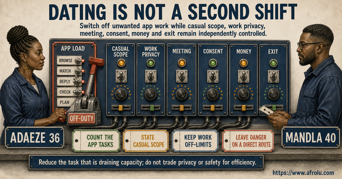 Adaeze and Mandla using a seven-circuit off-duty switchboard for app load casual scope work privacy meetings consent money and exit