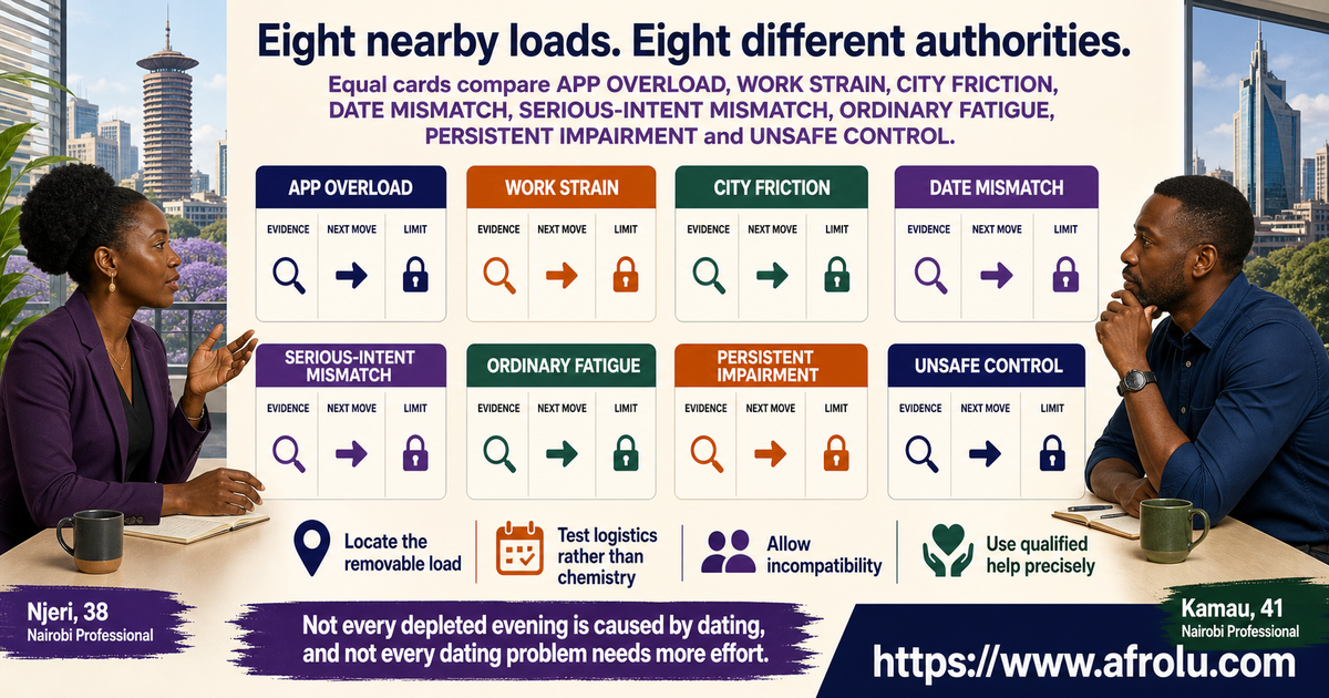 Comparison of dating app overload career strain ordinary fatigue serious intent mismatch persistent impairment and unsafe control
