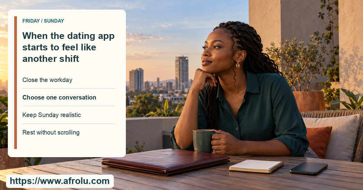 An adult on an open rooftop terrace has set an unbranded phone beside a closed work folder and a blank weekend planner.