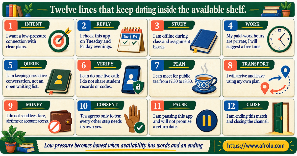Twelve low-pressure online dating scripts for adult students covering study work replies meetings money consent and closure