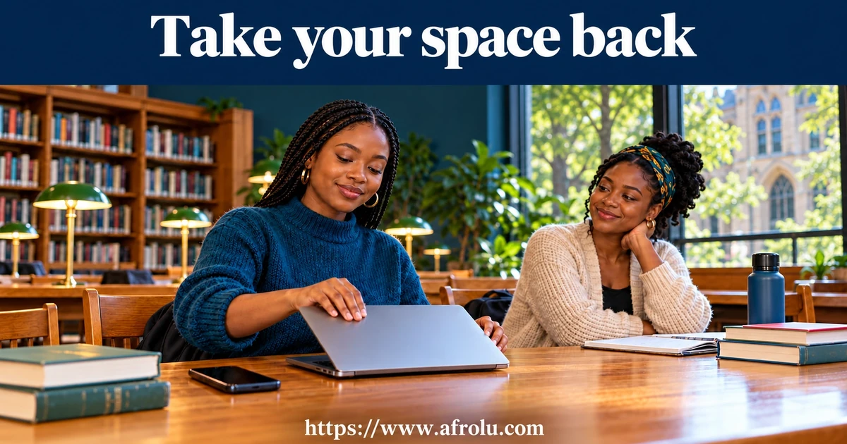 Two adults sit at a library table with a laptop.
