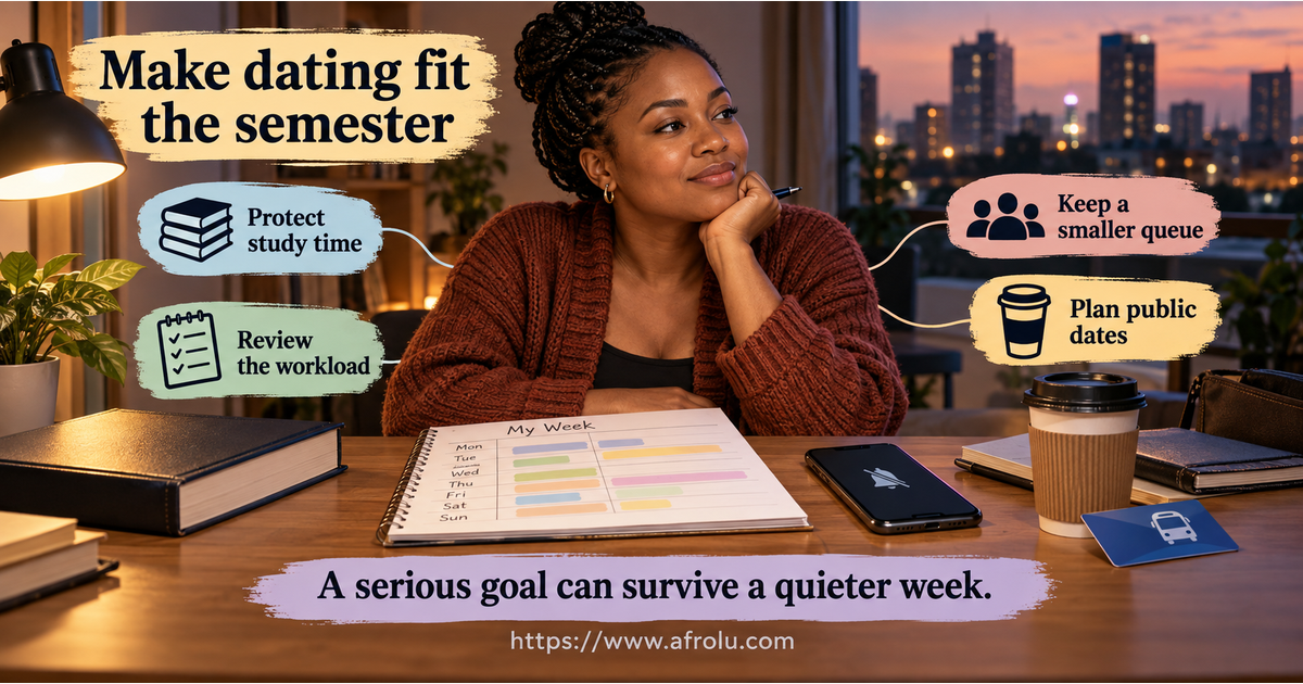 Adult postgraduate student planning study, paid work, rest, a public coffee and a small dating-app window around an independent weekly schedule