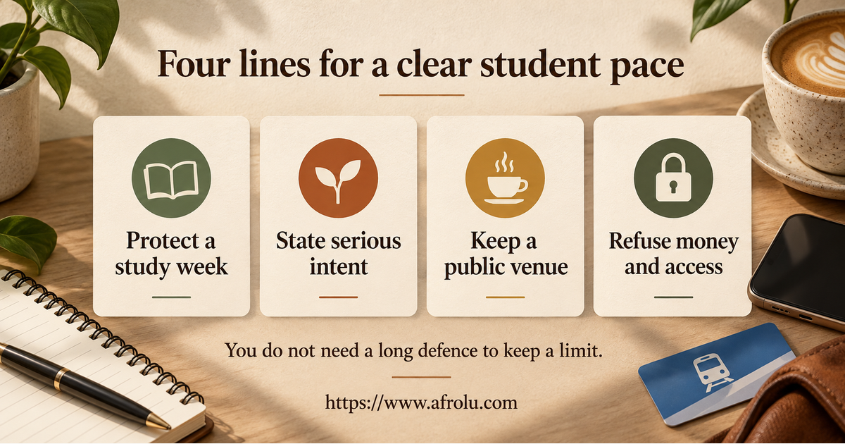 Four large plain-language scripts for a study-week limit, serious intention, public meeting boundary and refusing money or account access