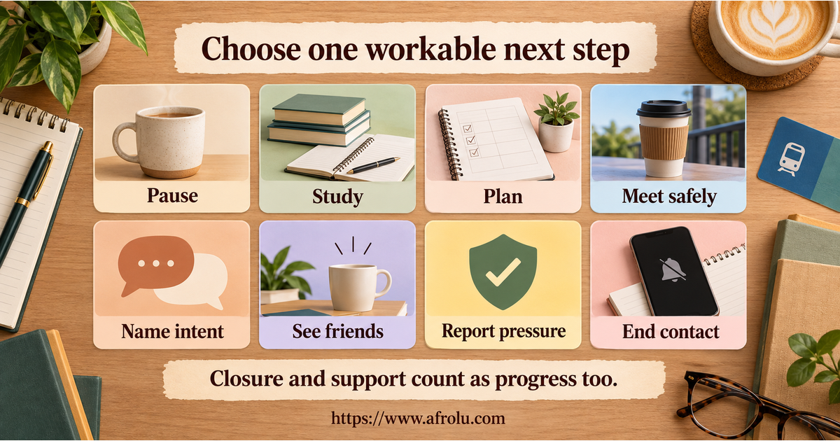 Eight equal-choice board for pausing apps, studying, planning a public coffee, naming intent, seeing friends, reporting pressure, seeking support or ending a chat