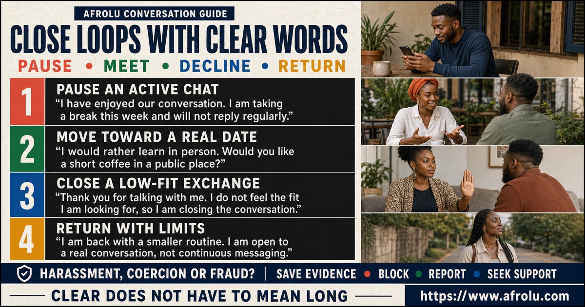 Online dating burnout scripts for pausing a chat, proposing a public date, declining, and returning after a break