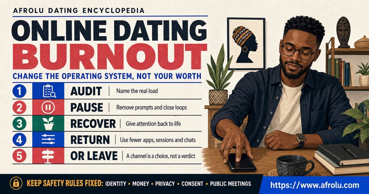 Online dating burnout guide showing the five-stage path audit, pause, recover, return, or leave beside an adult putting down a phone