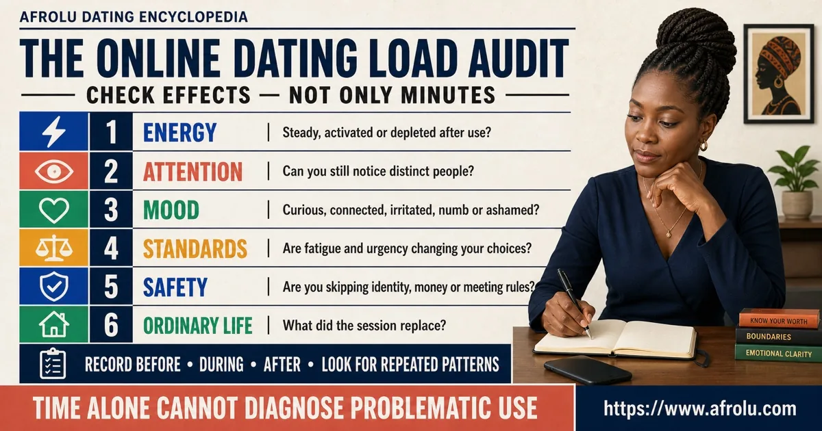 Dating app load audit with checks for energy, attention, mood, standards, safety, and ordinary life