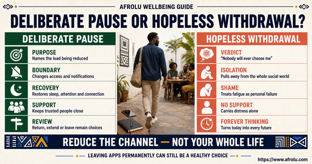 Comparison between a deliberate dating app pause and hopeless withdrawal using purpose, boundaries, recovery, support, and review