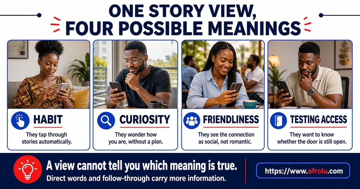 Orbiting motive map showing habit, curiosity, friendliness, and testing access as four possible meanings behind one story view