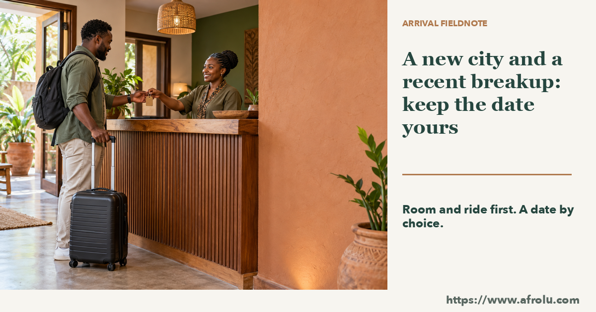 An adult traveler checks into a modest Nairobi guesthouse with their own suitcase and an unmarked room key before any date.