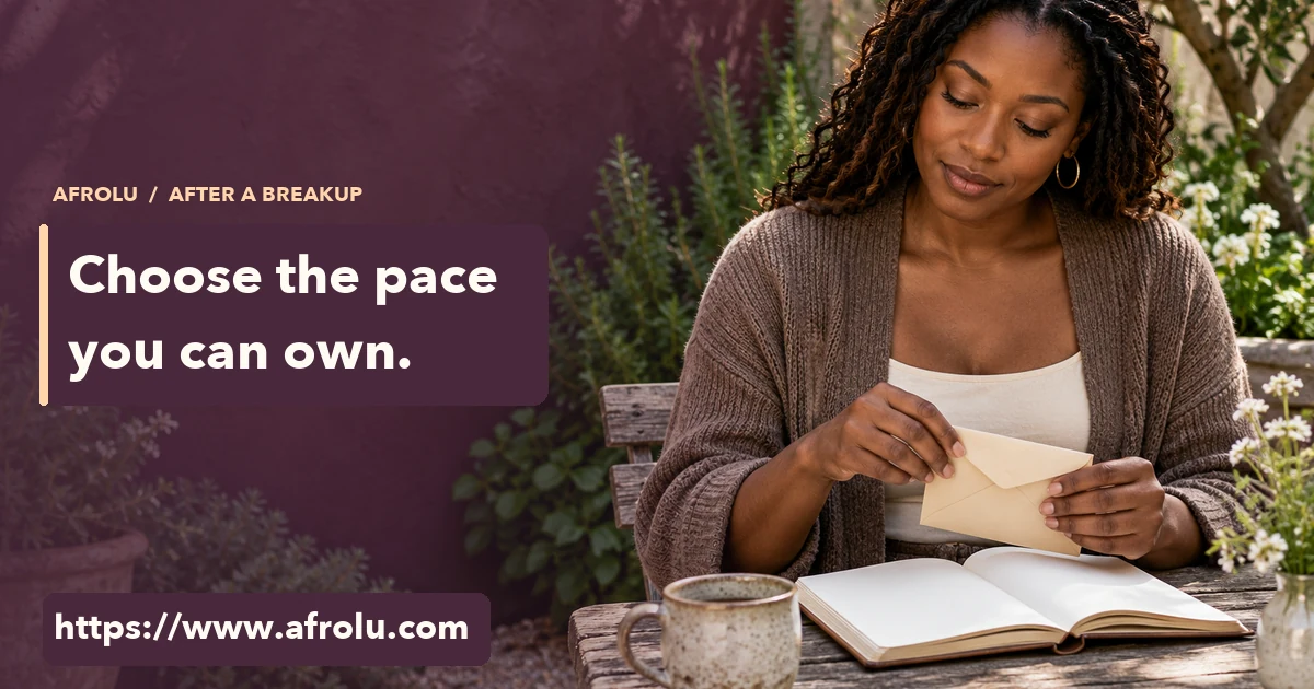 A woman in a community garden closes a keepsake envelope over a blank journal.