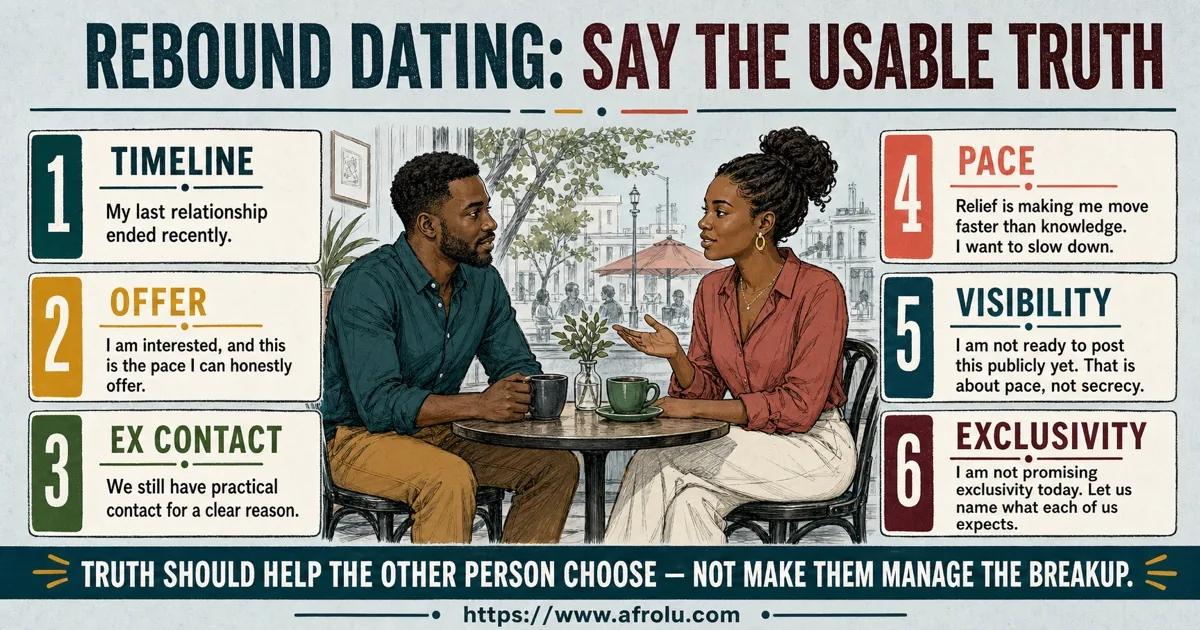 Rebound dating conversation scripts for breakup timeline, present offer, ex contact, pace, visibility, exclusivity, slowing down, and ending