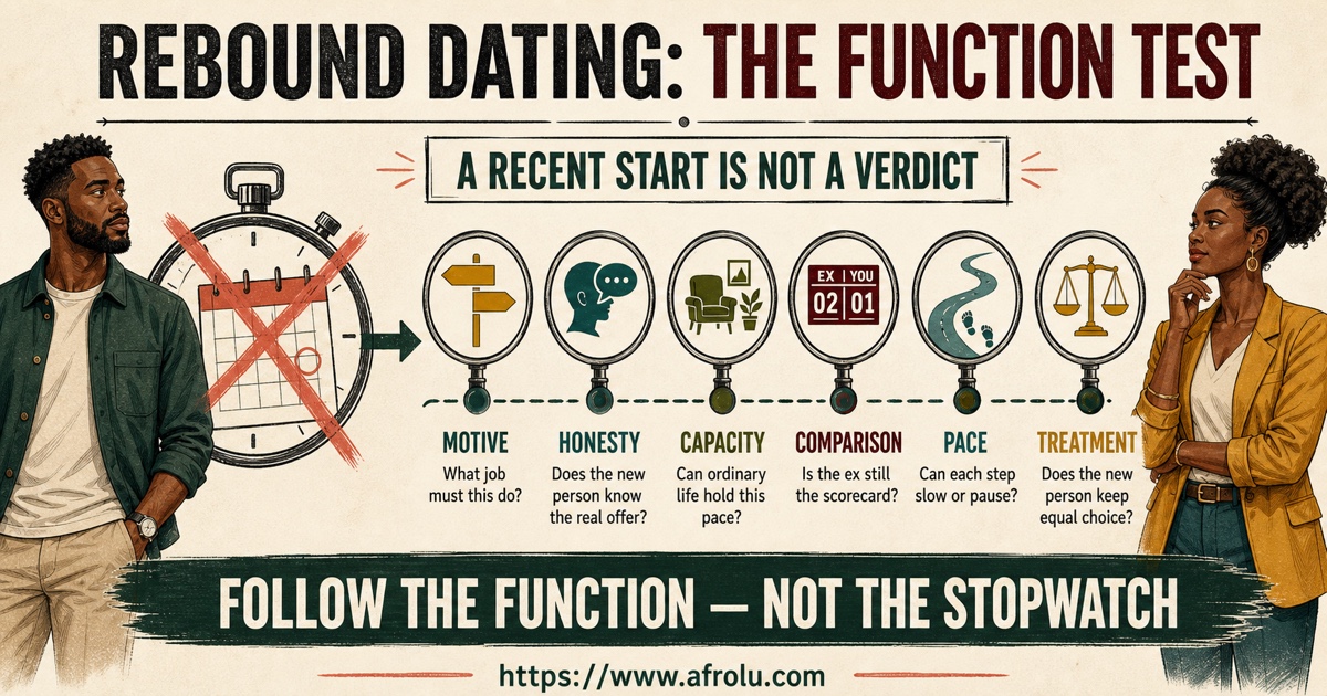 Rebound dating function test with motive, honesty, capacity, comparison, pace, and treatment instead of a stopwatch