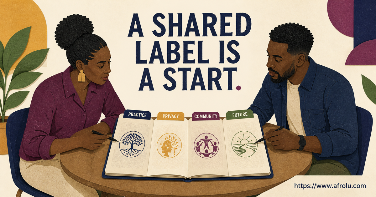 Two Black African adults in their thirties reviewing an open four-page dating passport labelled Practice, Privacy, Community and Future