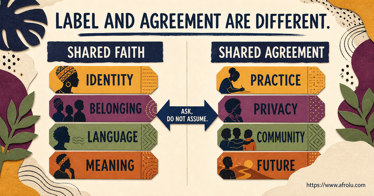 A balanced two-column comparison between a shared faith label and a shared dating agreement