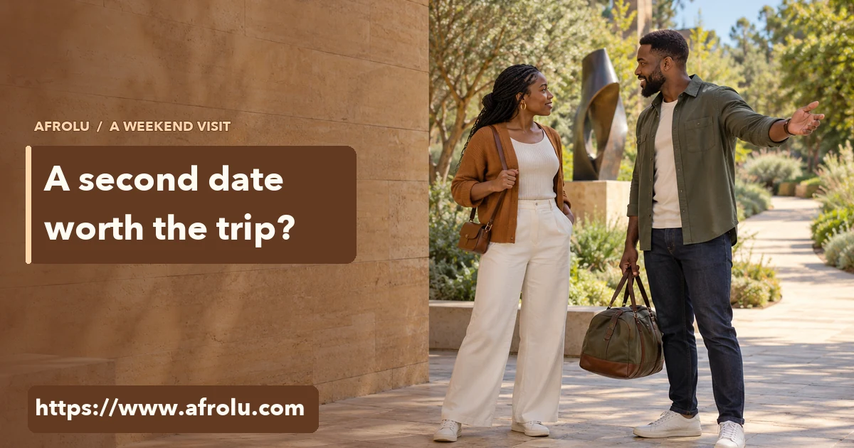 Two adults speak in a public sculpture courtyard while one holds a small travel bag.