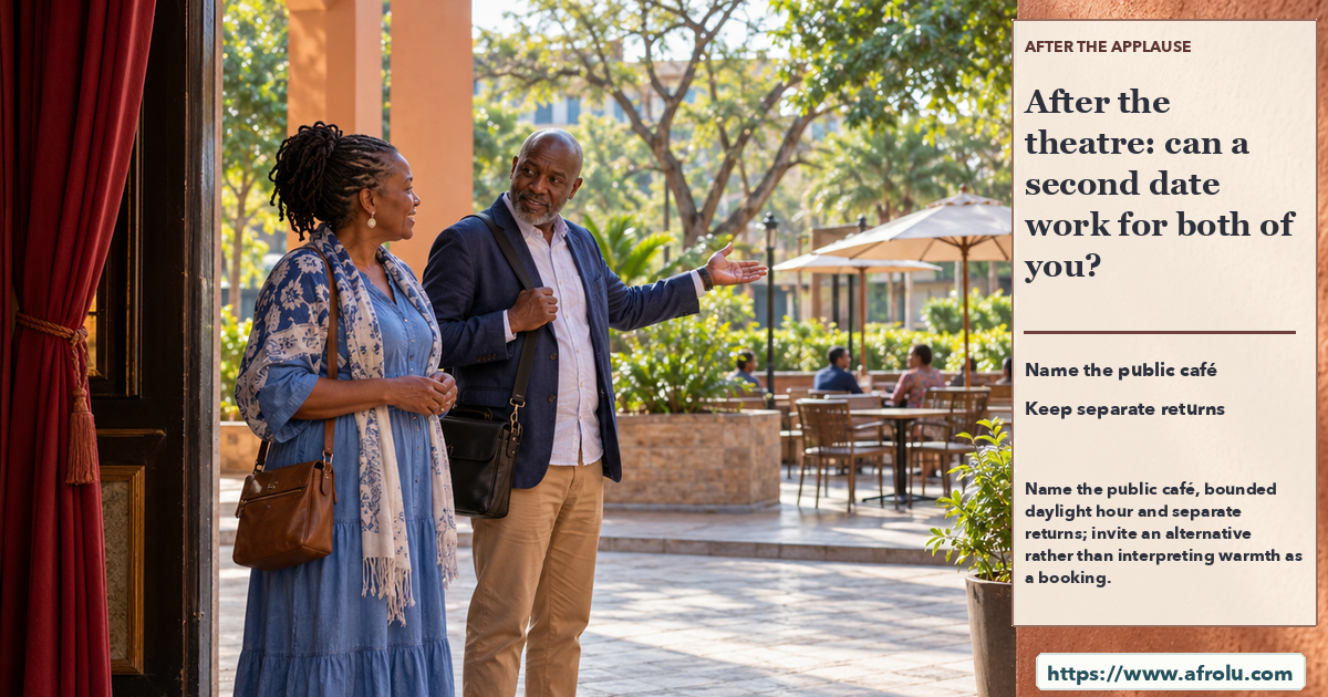 Two mature Nairobi adults outside a public theatre gesture toward a nearby courtyard as they discuss a possible second meeting.