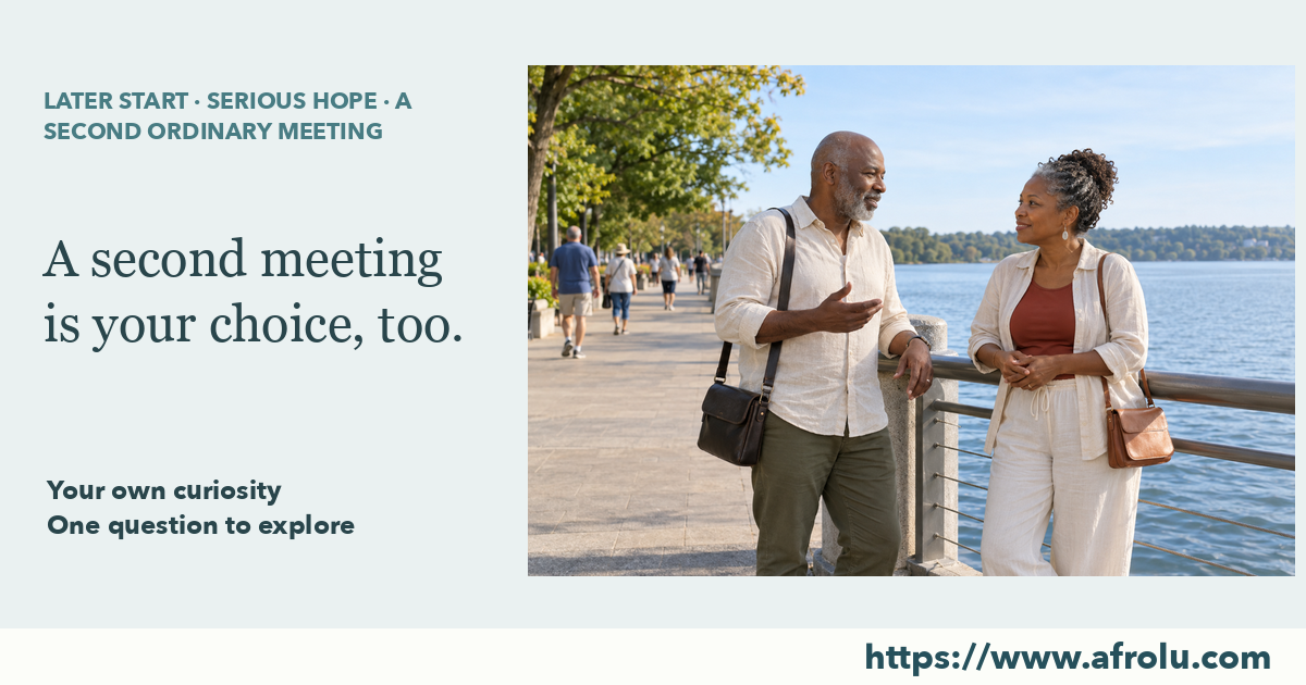 Two mature adults with separate bags talk beside a railing on a public lakeside promenade.