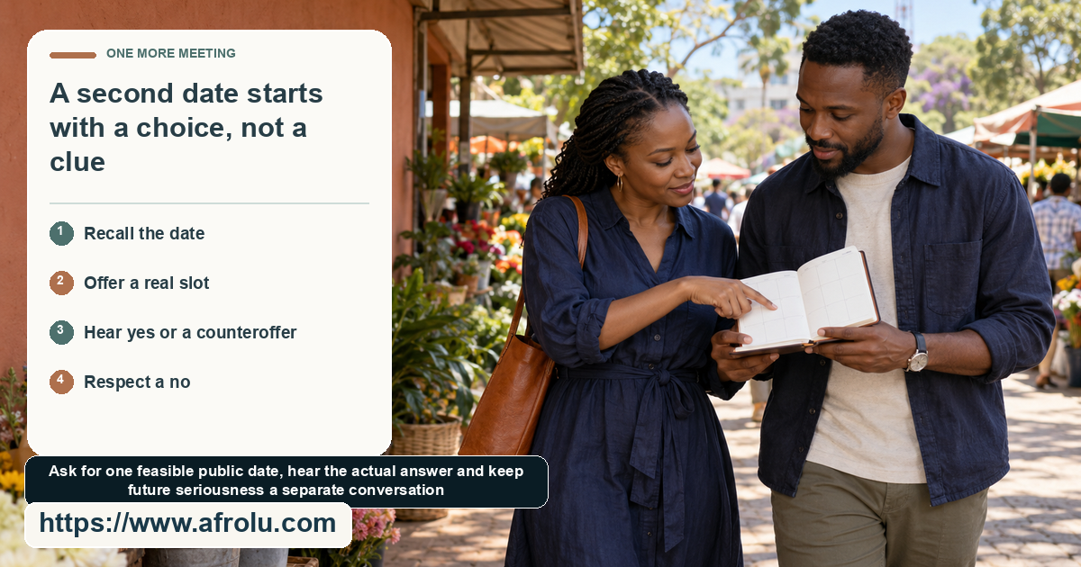 Two adults at an outdoor flower market point to an unmarked pocket planner while talking.