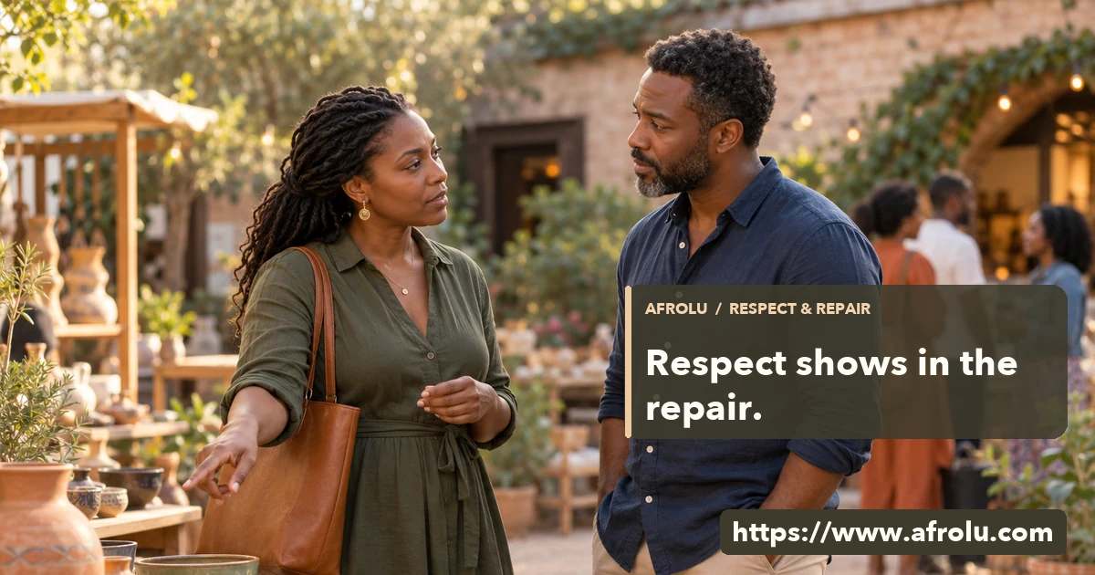 Two adult Black daters talk seriously and calmly in an open-air weekend crafts courtyard.