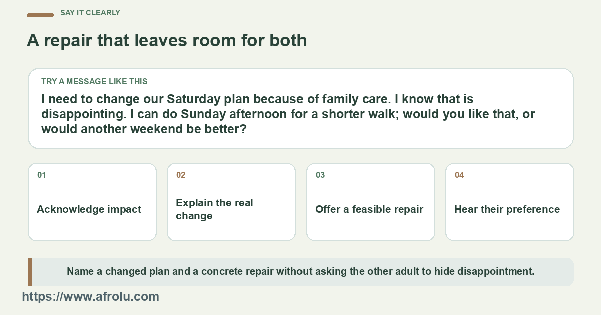 The sample line acknowledges a changed Saturday plan and offers a real alternative.