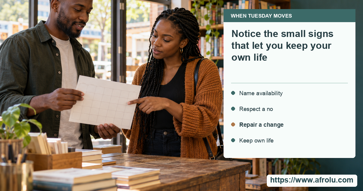 Two adults at a public Nairobi bookshop counter check a plain calendar card together with relaxed, independent body language.