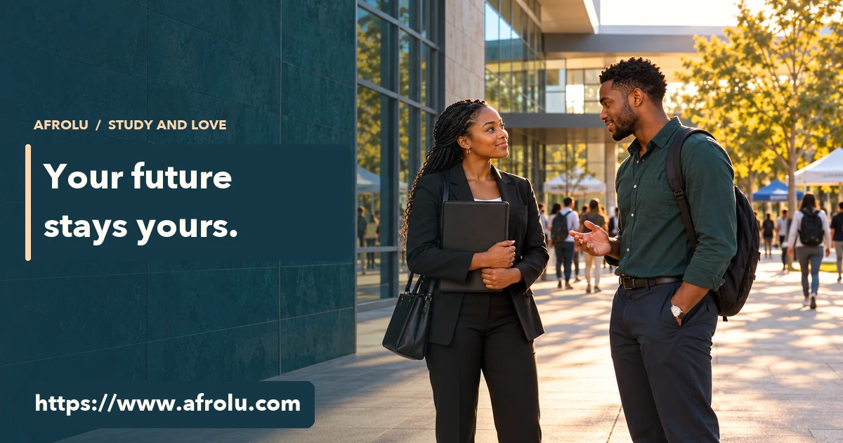 Two adult students at a career fair discuss plans while one holds an interview folder.