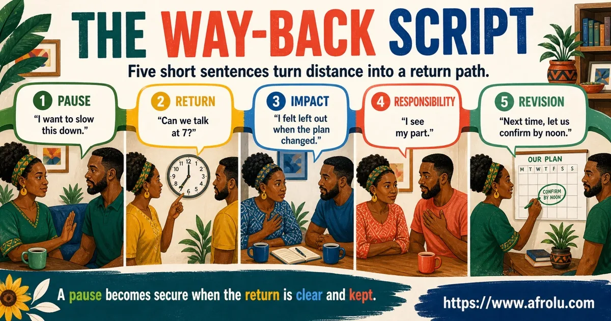 Secure relationship way-back script for pausing, setting a return time, naming impact, taking responsibility, and revising the plan