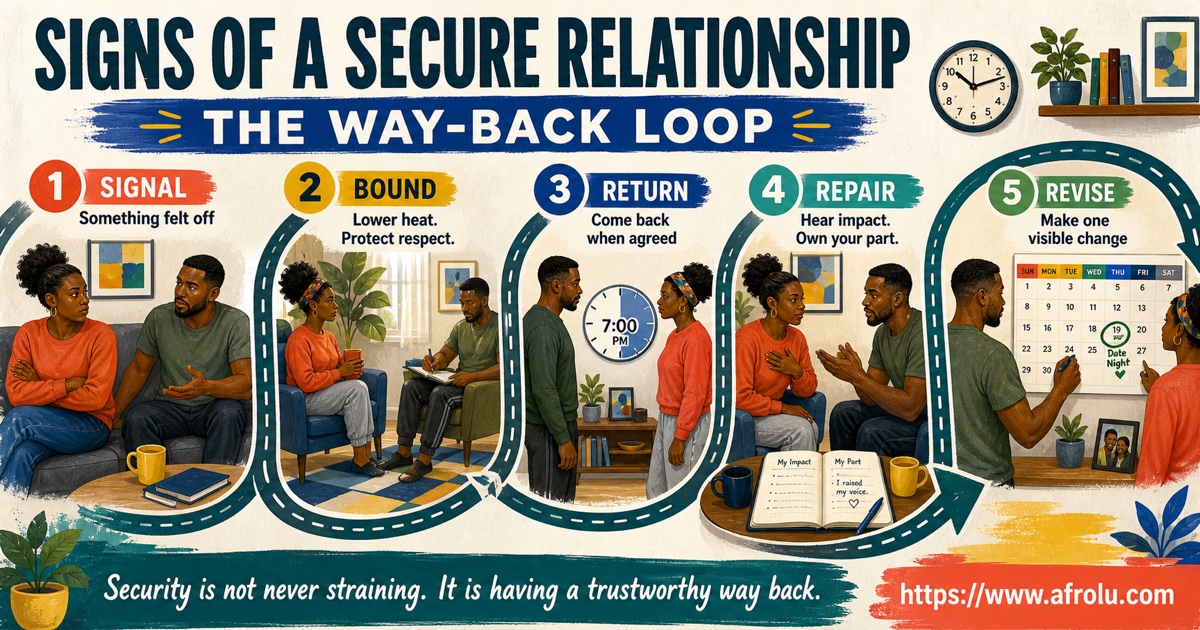 Illustrated signs of a secure relationship way-back loop from signal and bounded pause through return, repair, and revision